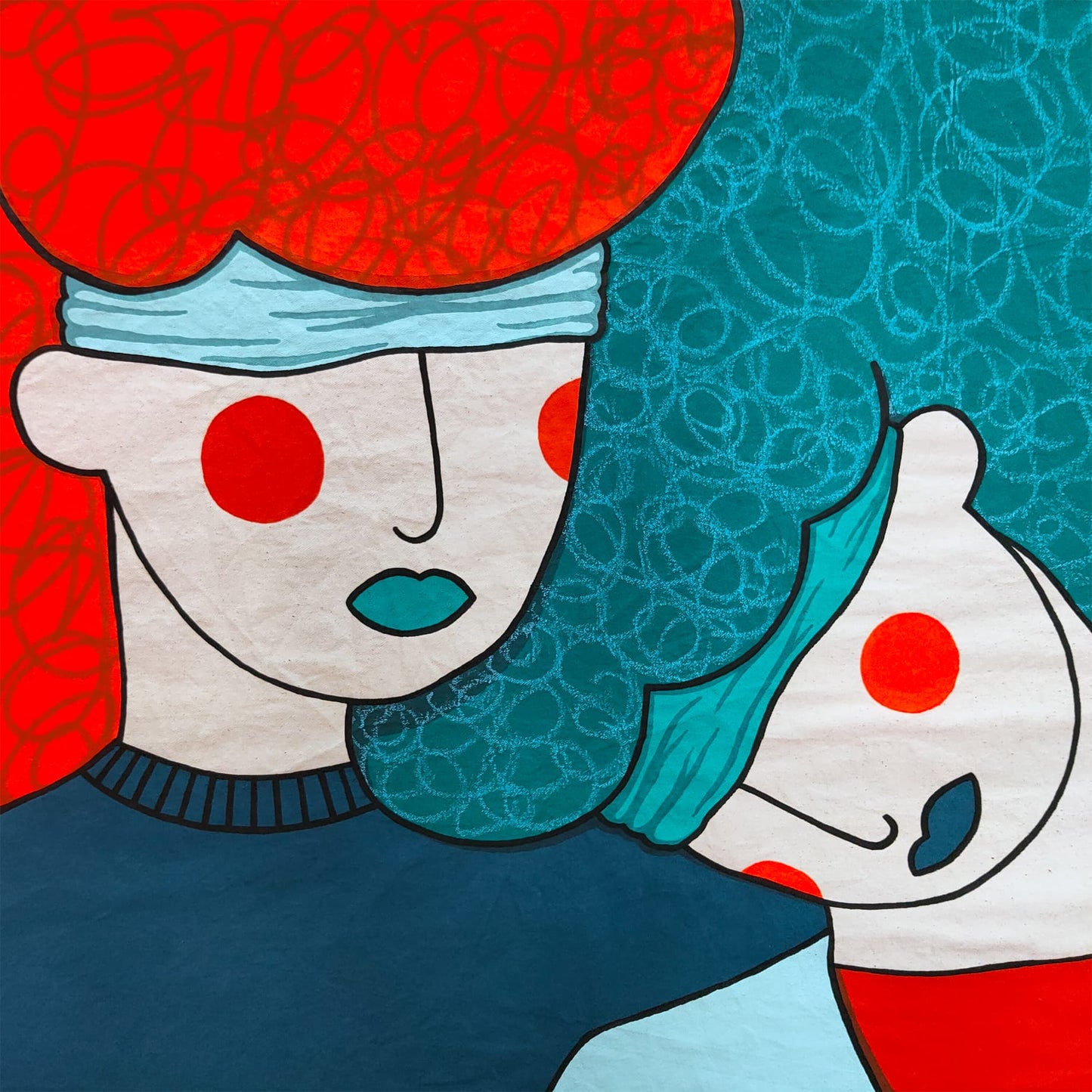 LAS MACIZAS #1 - Acrylic Painting With Embroidery And Oil Pastel Details